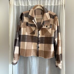 Cropped Plaid Fall Women's Utility Jacket in Brown and Cream Zeagoo Size L